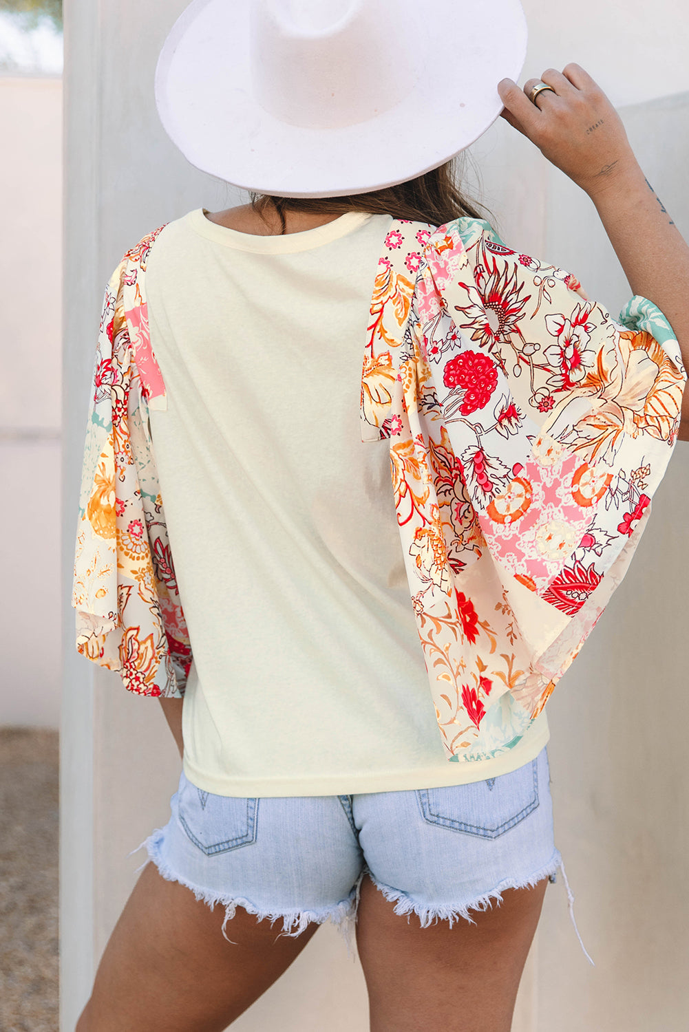 Beige Floral Patchwork Half Batwing Sleeve Blouse Aaria Tees