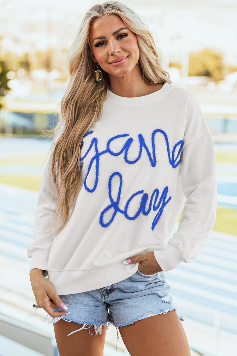 White Tinsel Game Day Drop Shoulder Graphic Sweatshirt - Aaria Tees