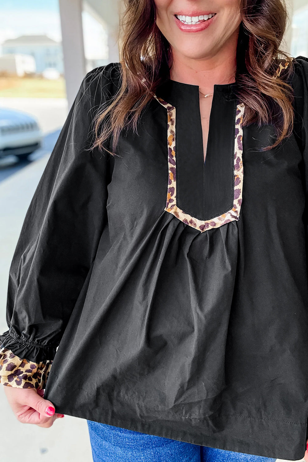 Black Plus Size Split Neck Leopard Trim Flounced Long Sleeve Blouse