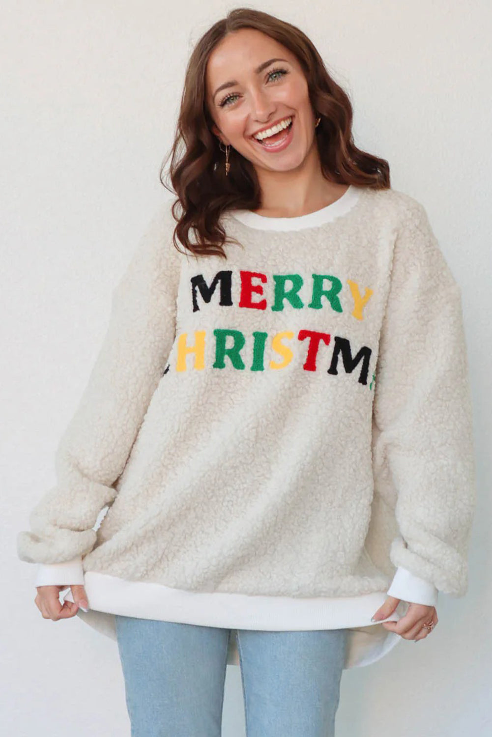 White MERRY CHRISTMAS Multicolor Embroidered Sherpa Pullover Sweatshirt