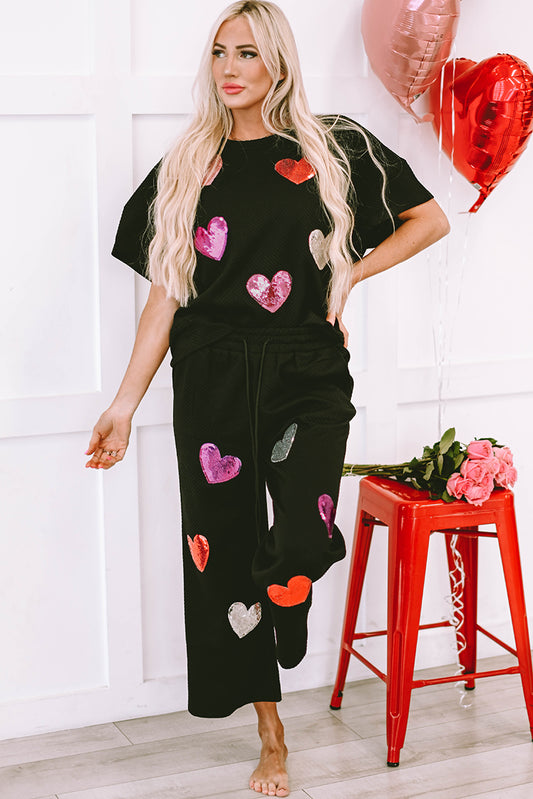 Black Sequin Heart Popping Graphic Textured 2pcs Outfit - Aaria Tees