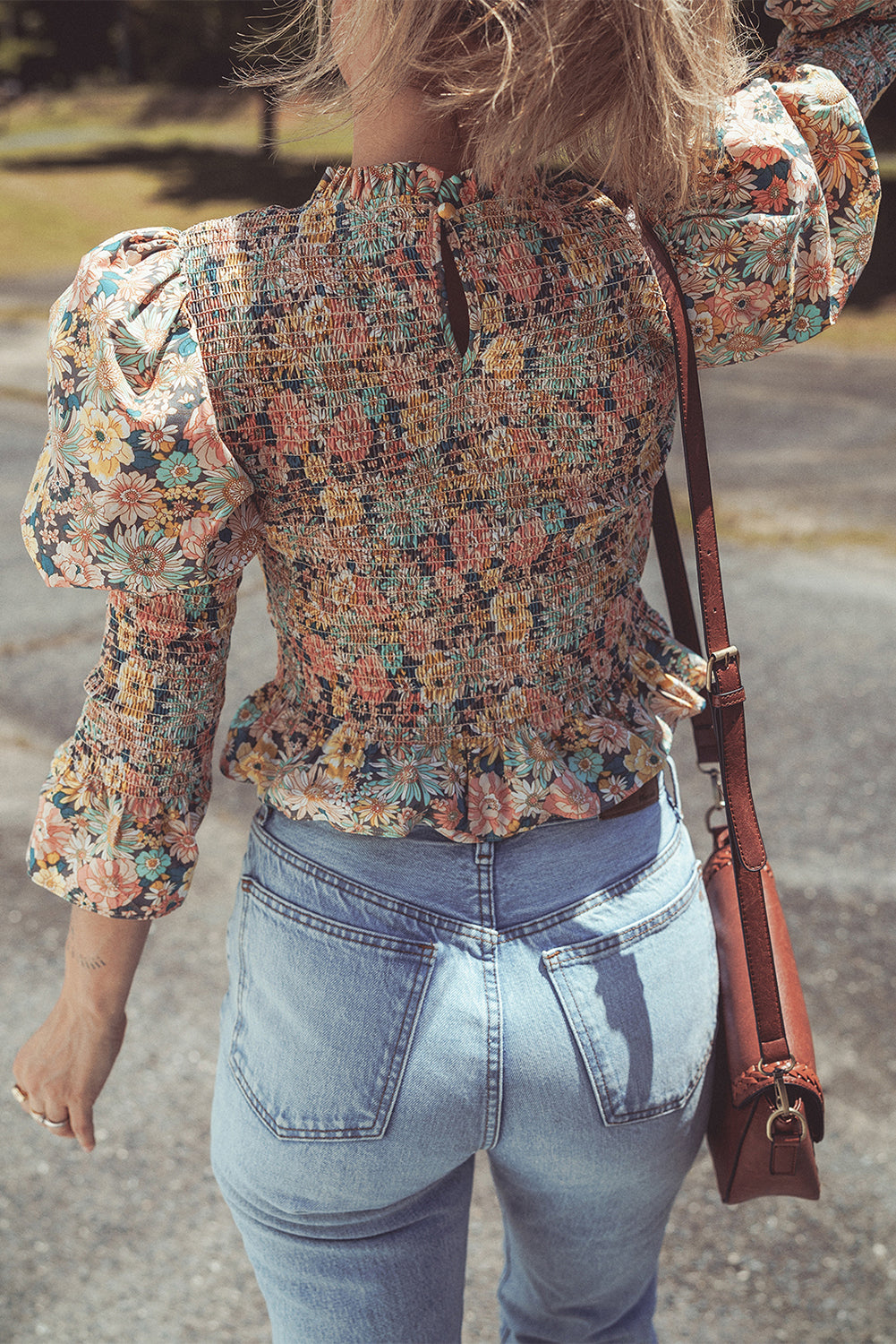 Yellow Floral Print Smocked Bubble Sleeve Ruffled Crop Top Aaria Tees Aaria Tees