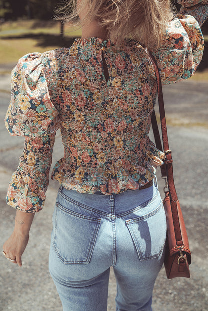 Yellow Floral Print Smocked Bubble Sleeve Ruffled Crop Top Aaria Tees