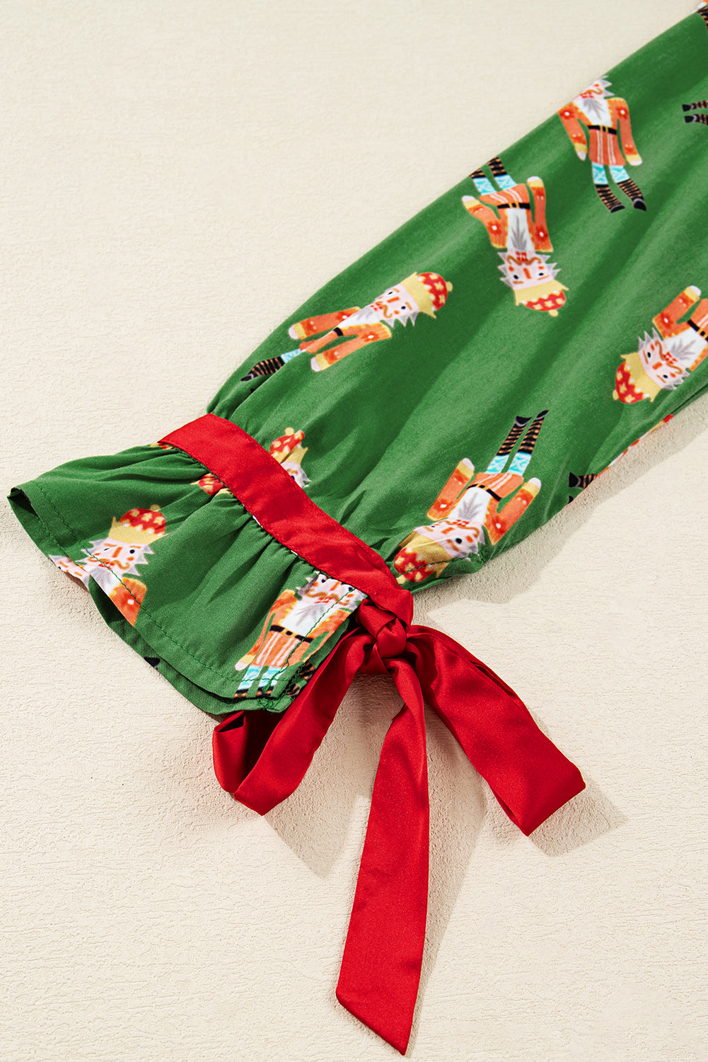 Green Christmas Candy Contrast Trim Bow Knot Silky 2pcs Pajama Set