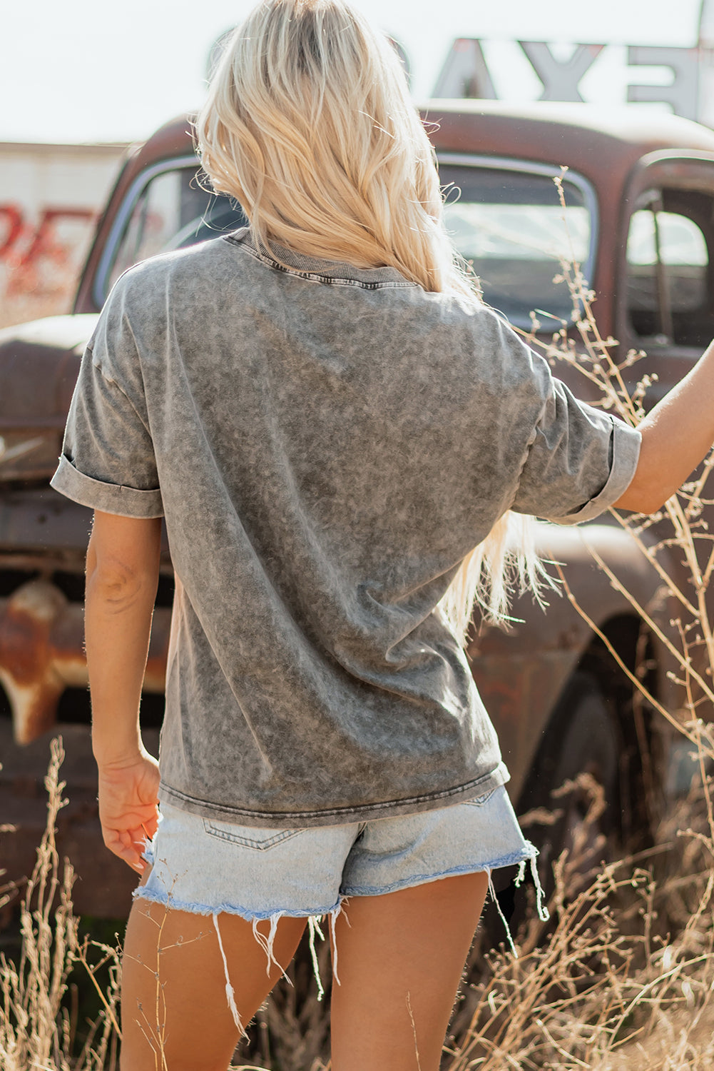 Light Grey Western Steer Head Tie Dye Print Crew Neck T Shirt