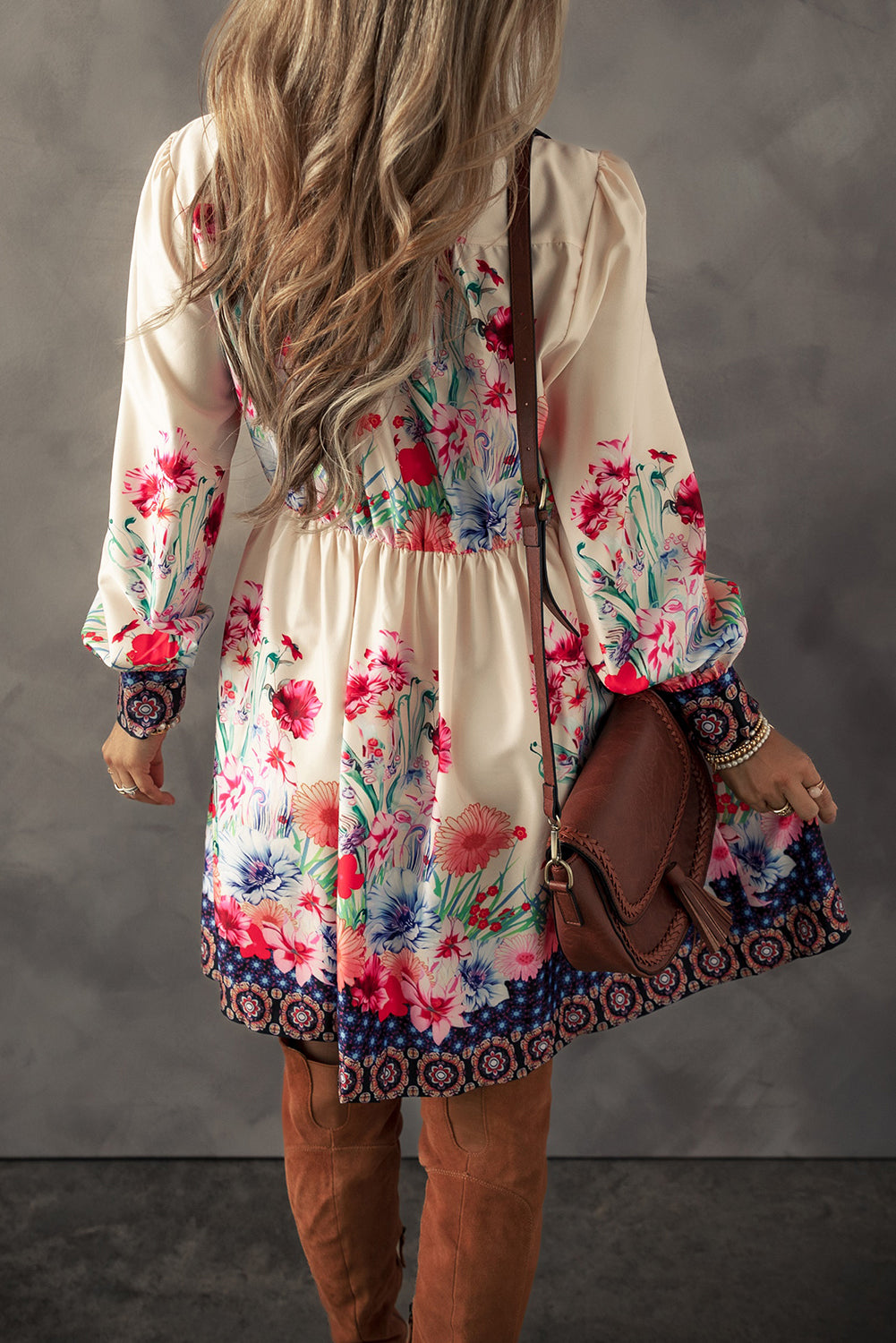 Apricot Floral Print Buttoned High Waist Shirt Mini Dress Aaria Tees