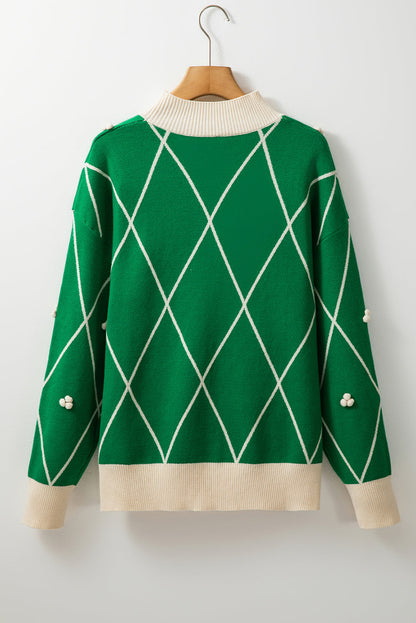 Christmas Geometric Diamond Pom Long Sleeve Sweater