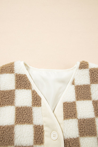 Brown Checkered Sherpa Buttoned Front Chunky Jacket