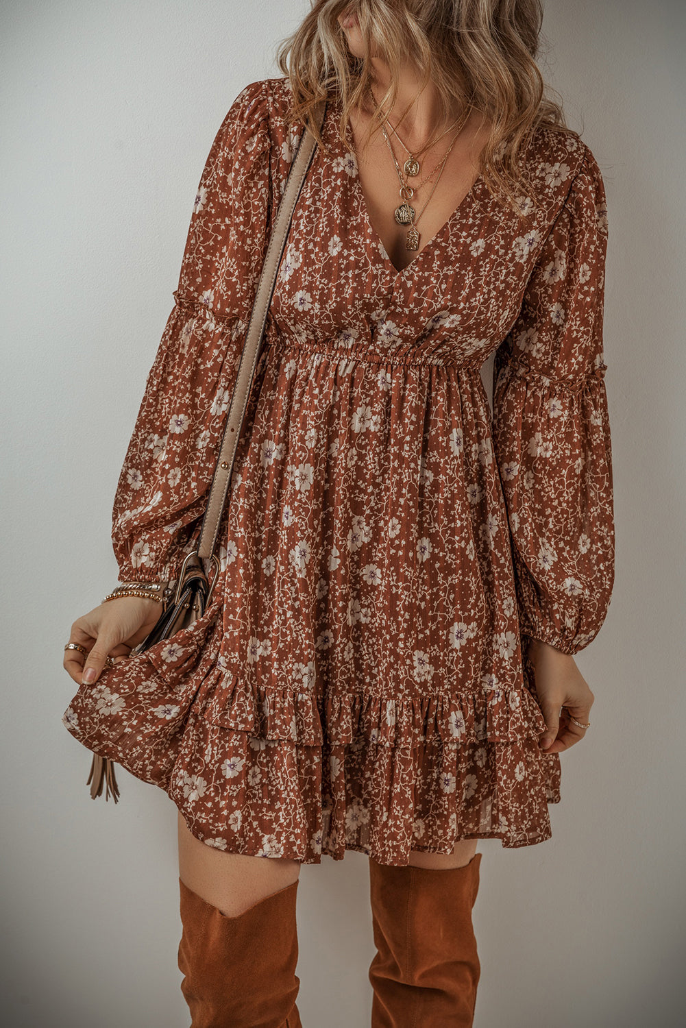 Ashley Boho Floral Puff Sleeve Mini Dress - Aaria Tees
