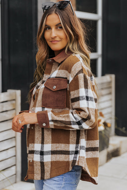 Phoebe Pocketed Buttoned Plaid Shirt Jacket Threaded Pear