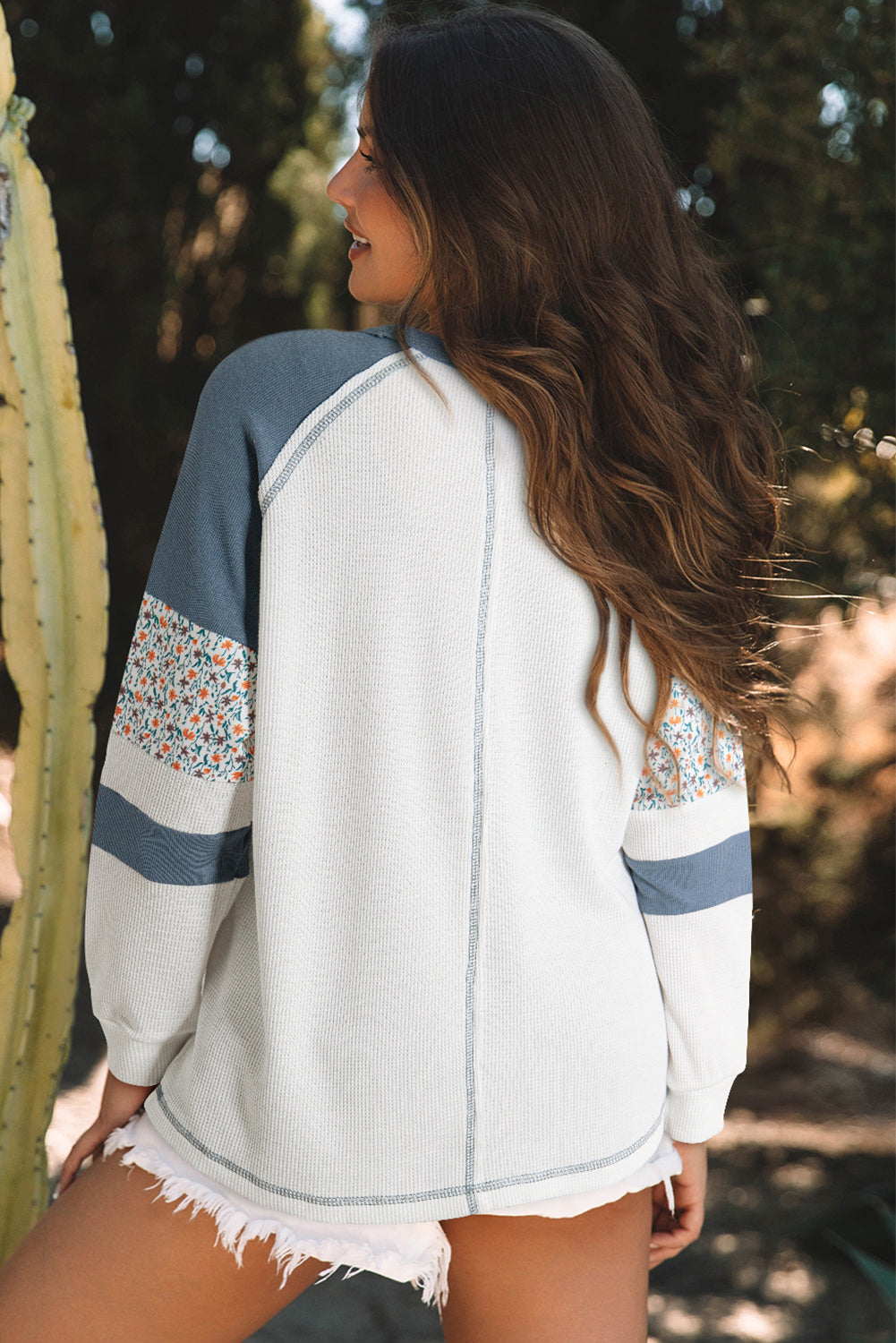 White Floral Patchwork Waffle Knit Raglan Top Aaria Tees