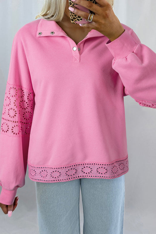 Yellow Cream Embroidered Flower Patchwork Snap Buttons Pullover Sweatshirt