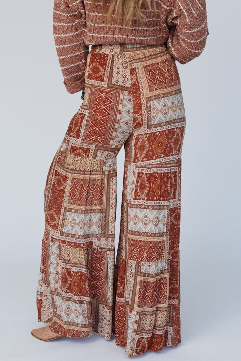 Brown Boho Aztec Print Tiered Palazzo Pants Aaria Tees