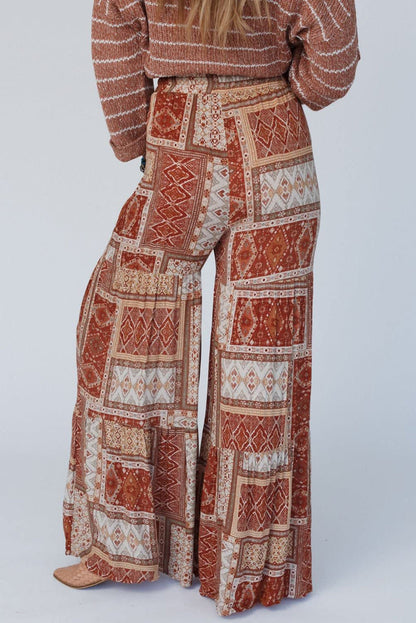 Brown Boho Aztec Print Tiered Palazzo Pants Aaria Tees