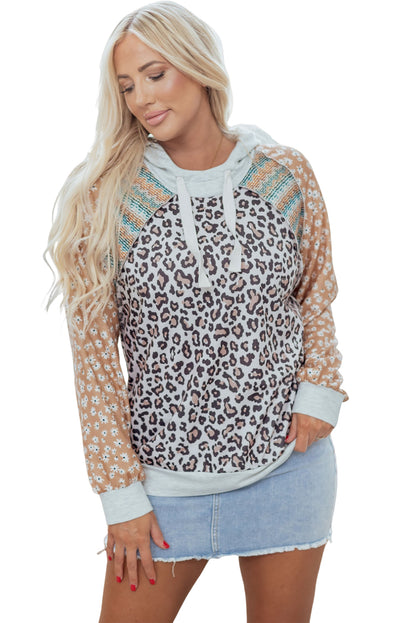 Multicolor Leopard Floral Patchwork Drawstring Hoodie