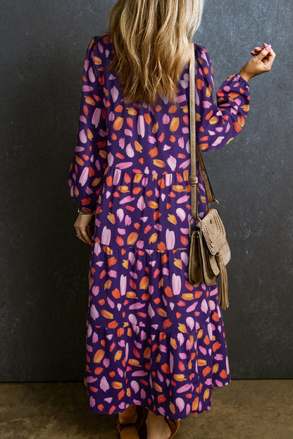 Blue Petal Collared Tiered Flowy Long Dress Aaria Tees