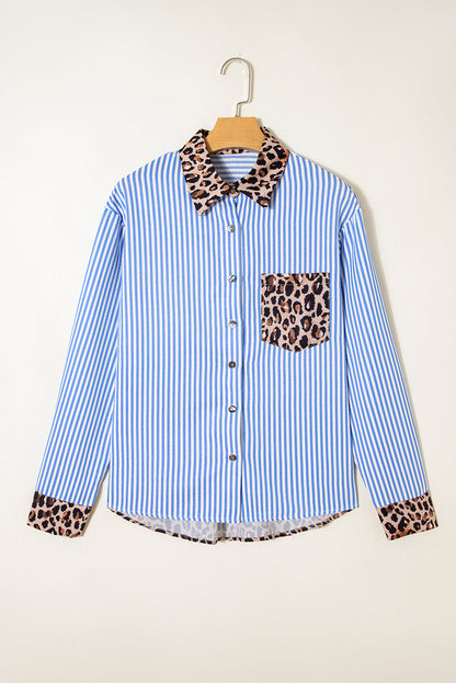Stripe Leopard Patchwork Button-Up Shirt