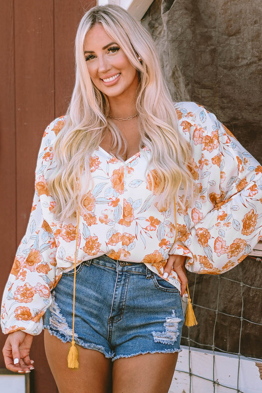 White Tassel Tie V Neck Bubble Sleeve Floral Blouse Aaria Tees