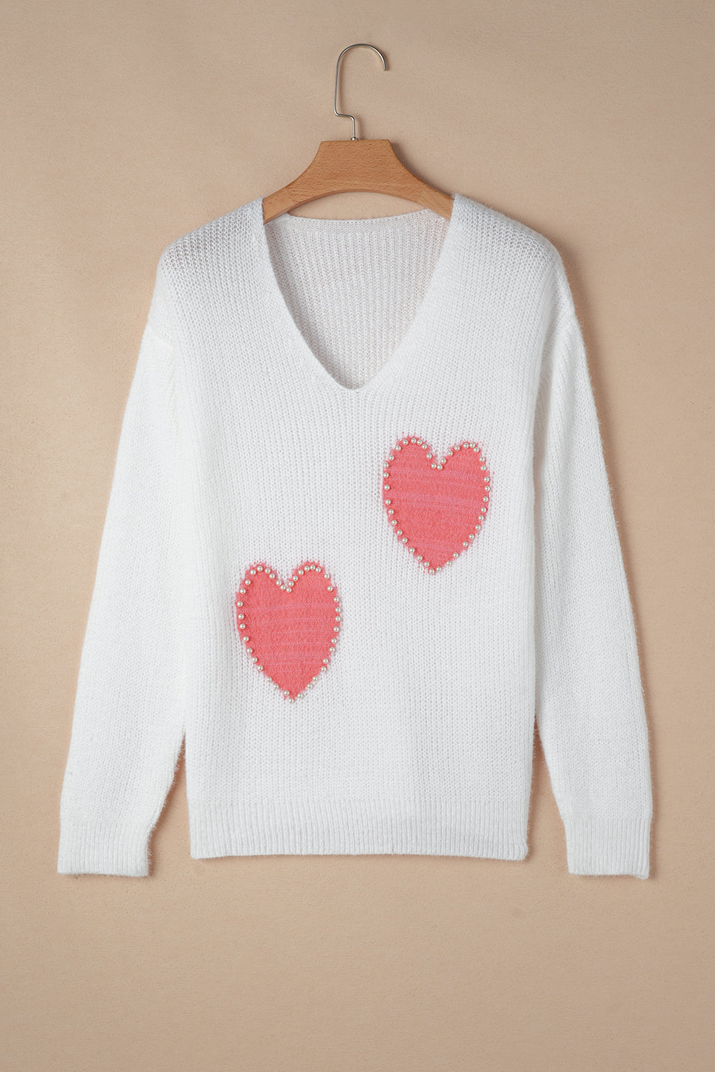 White Pearl Beaded Heart Pattern Fuzzy V Neck Sweater Aaria Tees