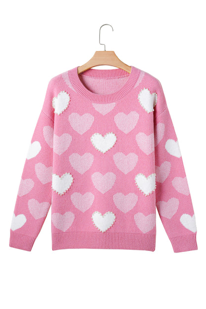 Pink Pearled Heart Print Valentines Crew Neck Sweater - Aaria Tees