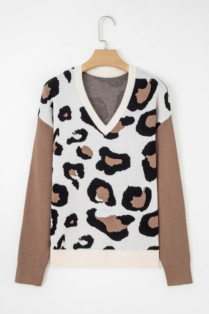 Leopard Colorblock Drop Shoulder V-Neck Sweater