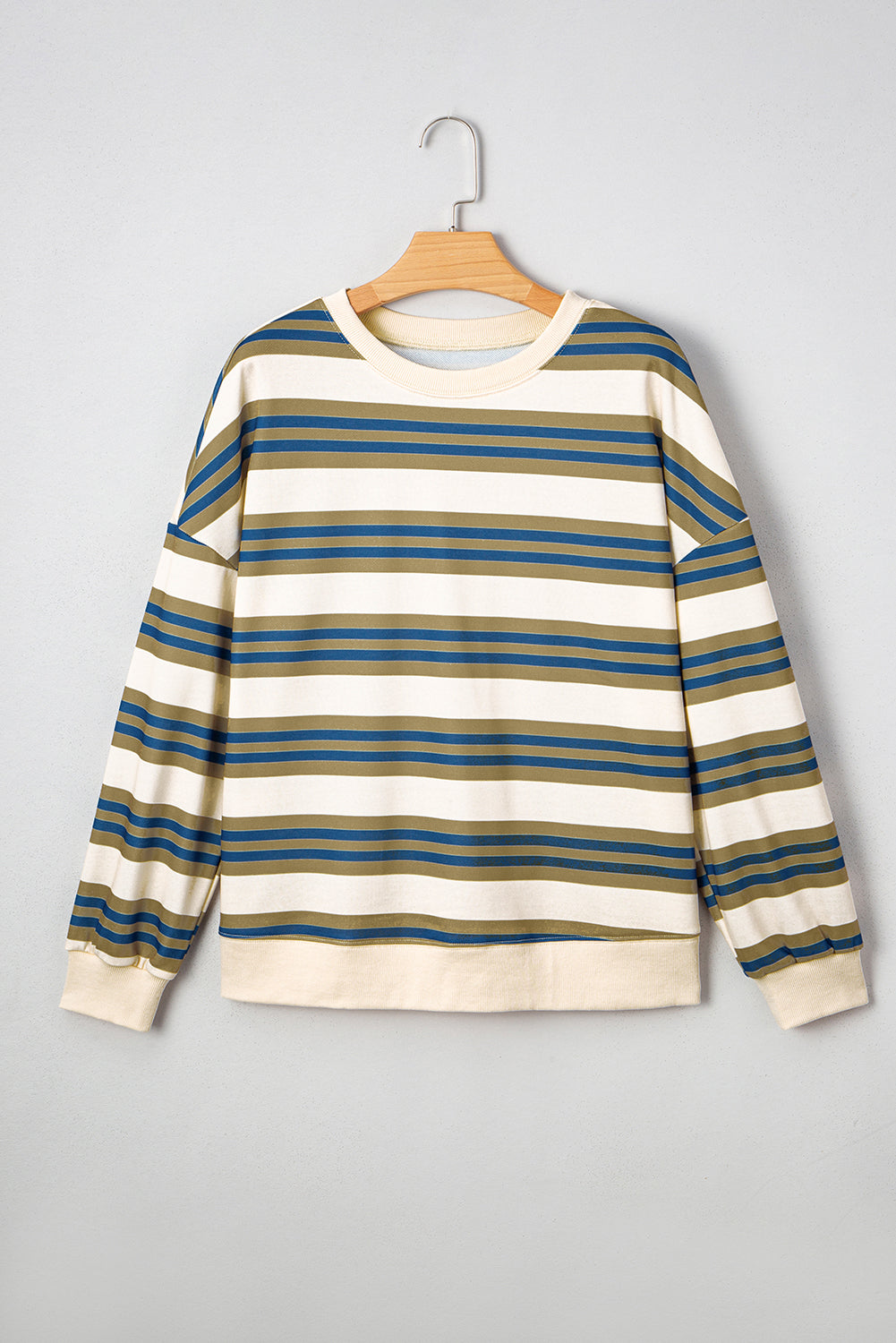 Brown Stripe Crew Neck Drop Shoulder Pullover Sweatshirt