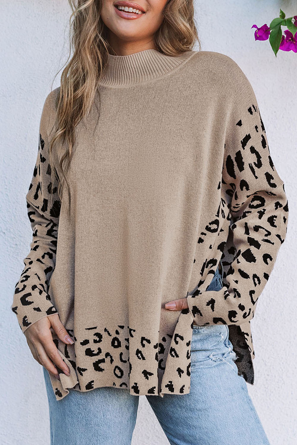 Sarai Leopard High Neck Side Slit Oversized Sweater - Aaria Tees