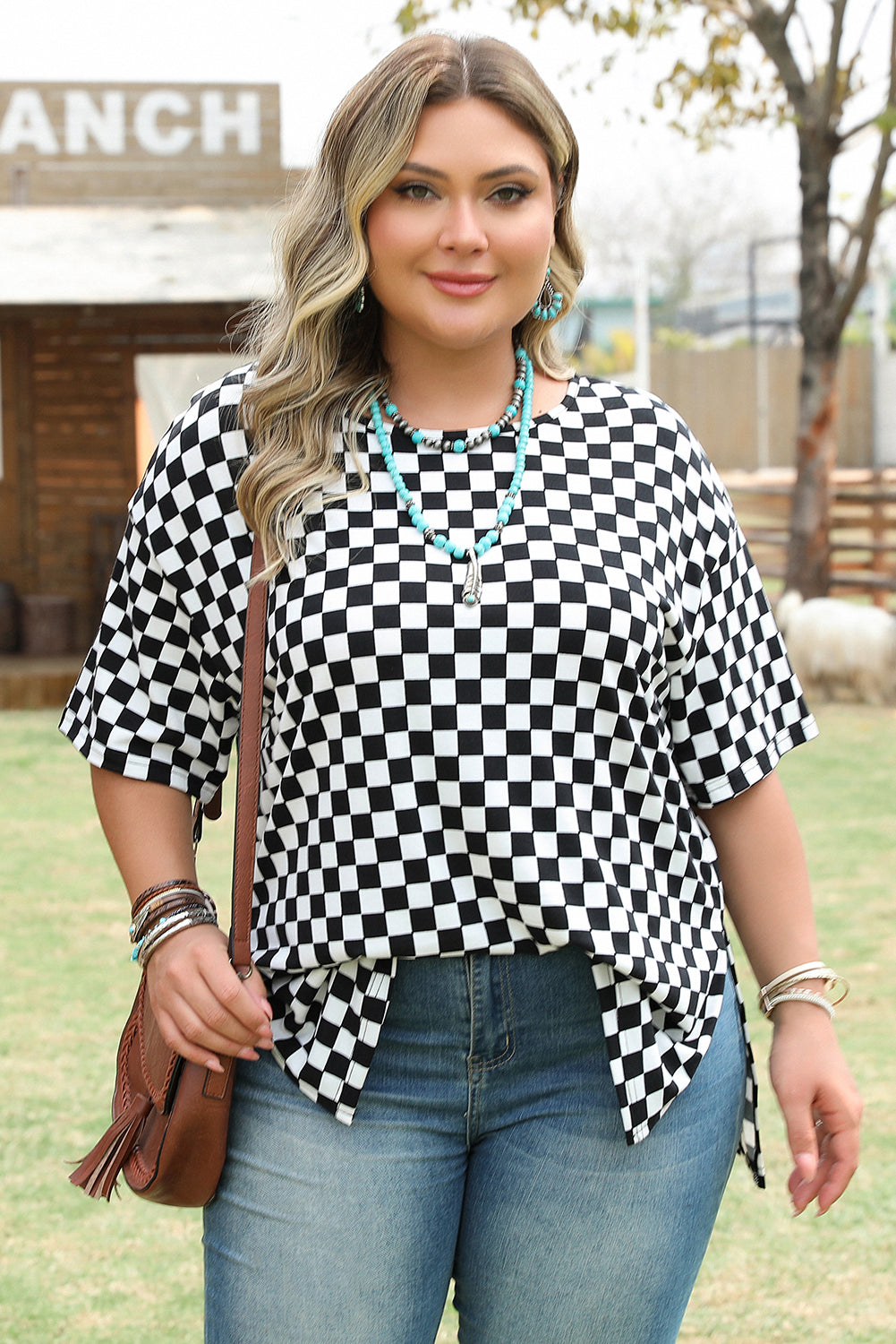 Black Checkered Print Side Slits O Neck Plus Size T Shirt - Aaria Tees