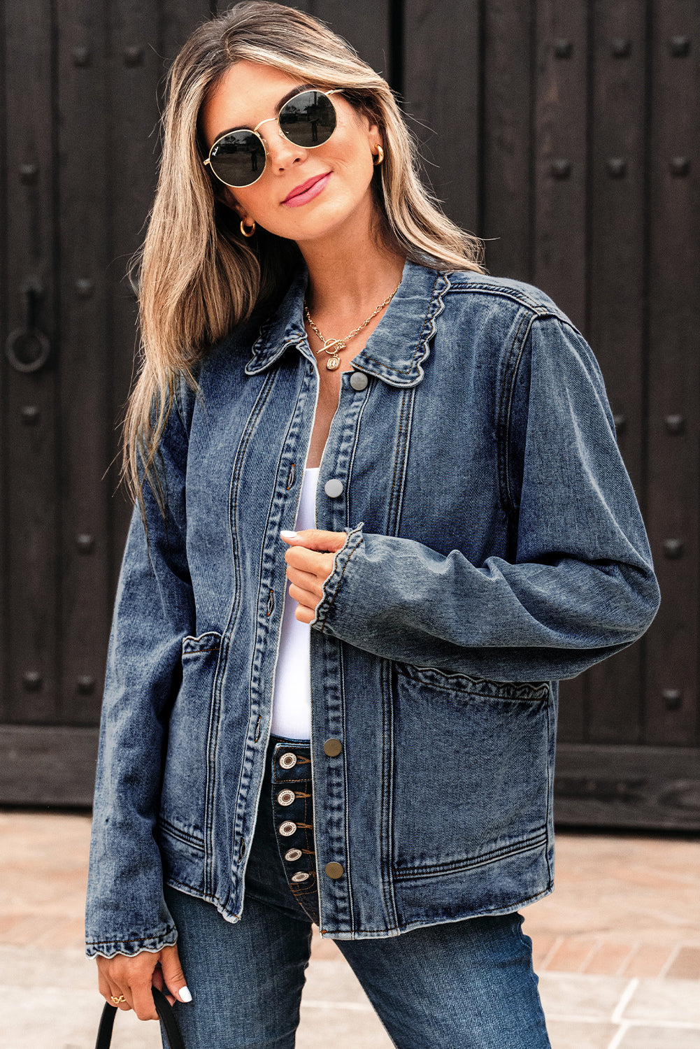 Sail Blue Scallop Trim Collar Patched Pocket Button Up Denim Jacket