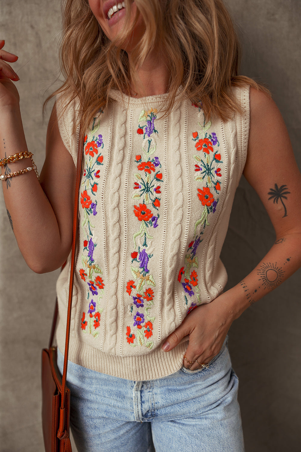 Jet Stream Embroidered Floral Cable Knit Sweater Vest Aaria Tees