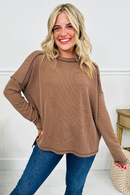 Dark Khaki Twist Ribbed Exposed Seam Detail Long Sleeve Loose Top