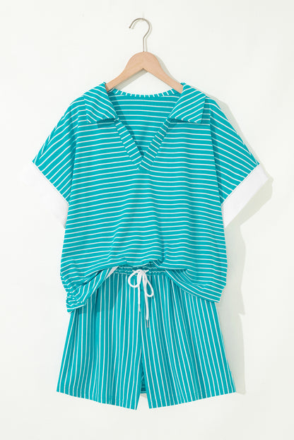 Sky Blue Stripe V Neck Tee and Casual Short Set