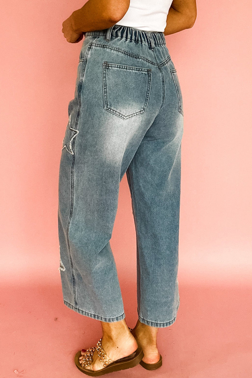 Stone Blue Star Patchwork Cropped Wide Leg High Waist Jeans