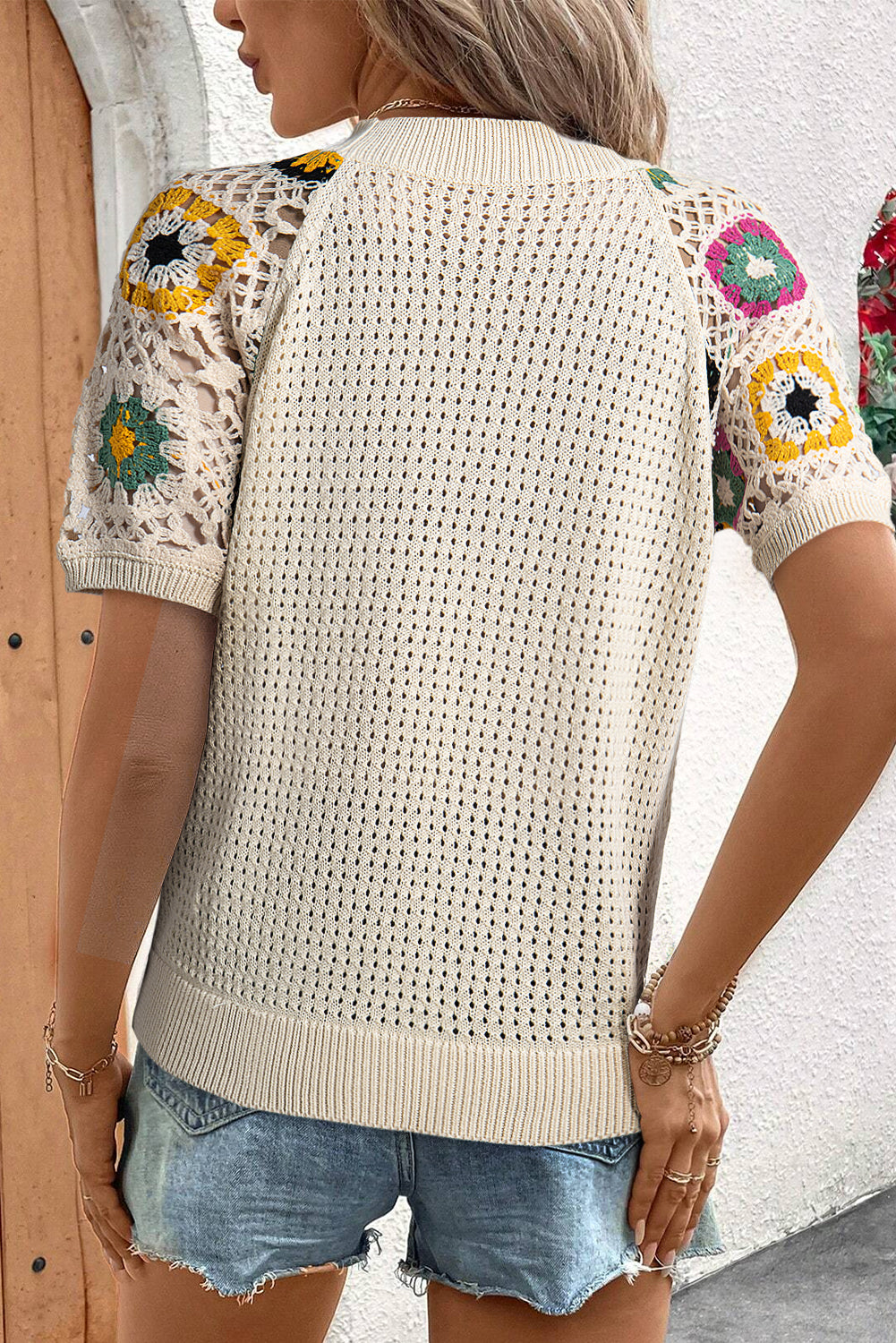 Apricot Hollow Out Floral Crochet Short Sleeve Crewneck Sweater Aaria Tees