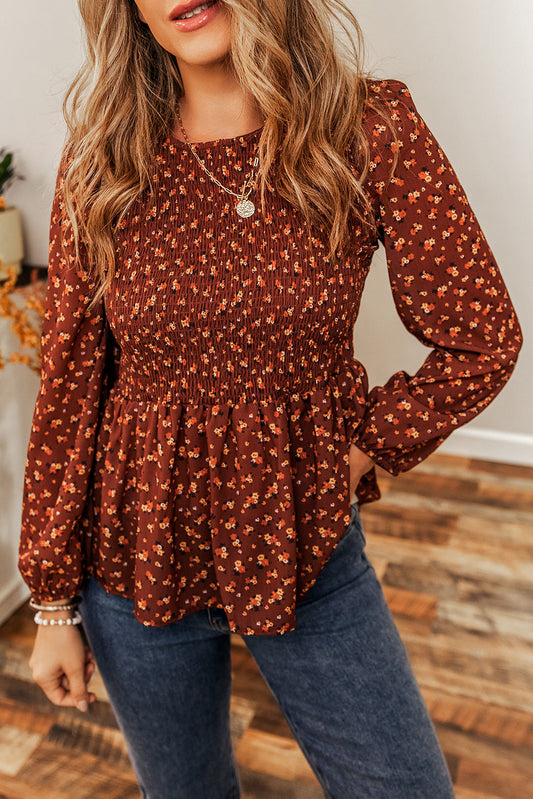 Boho Floral Smocked Bust Ruffled Peplum Blouse Aaria Tees