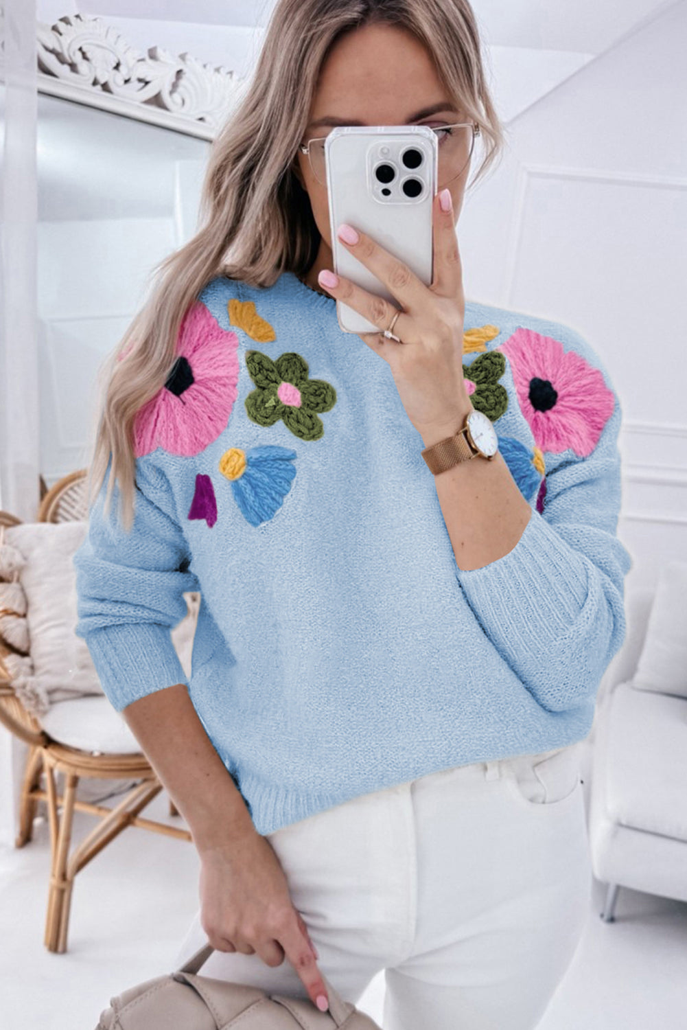 Light Blue Knitted Flower Pattern Ribbed Edge Sweater Aaria Tees