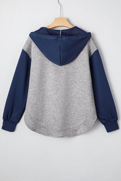 Light Grey Color Block Patchwork V Neck Drawstring Hoodie