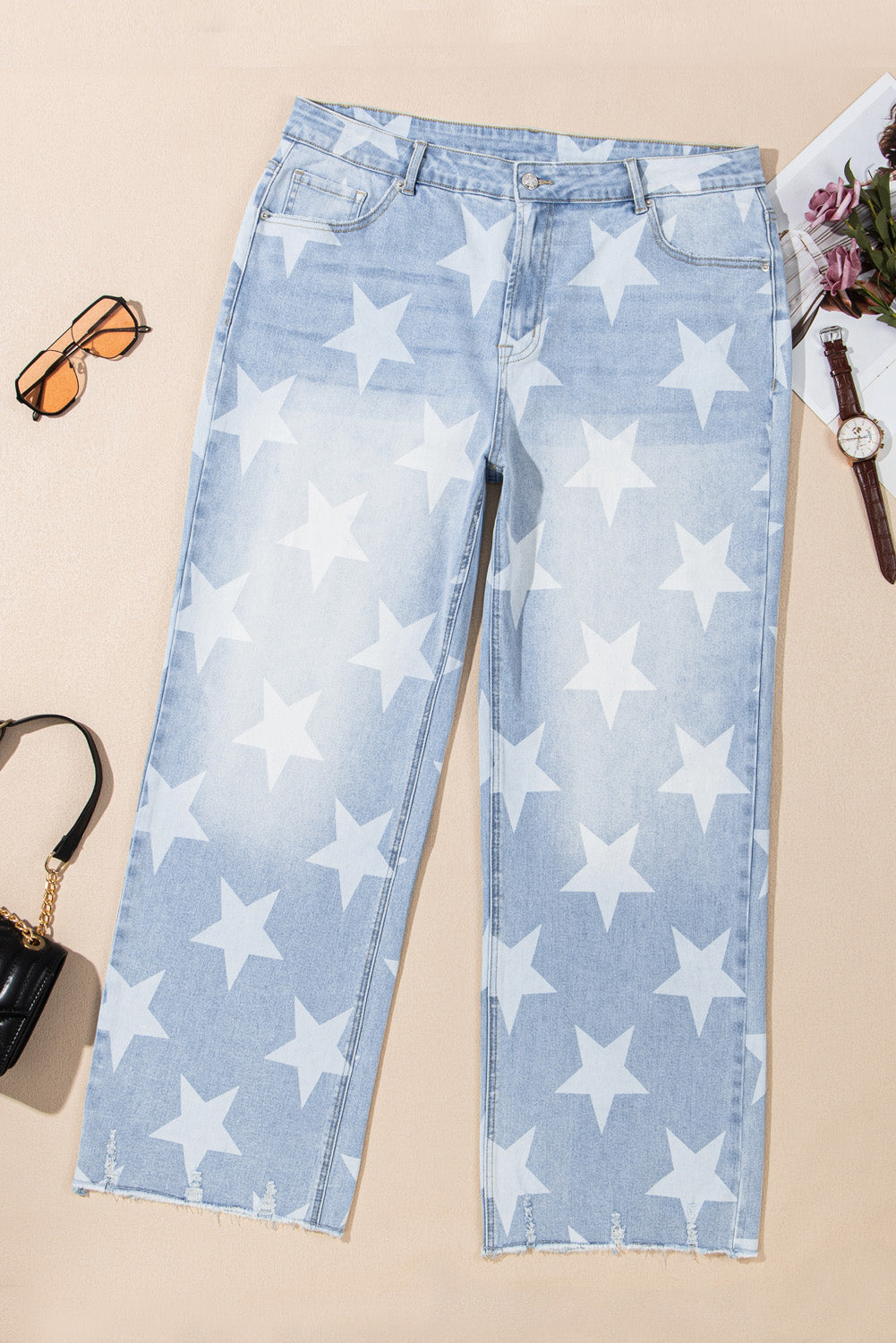 Beau Blue High Waist Star Pattern Plus Size Jeans - Aaria Tees