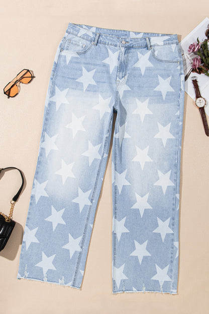 Beau Blue High Waist Star Pattern Plus Size Jeans - Aaria Tees