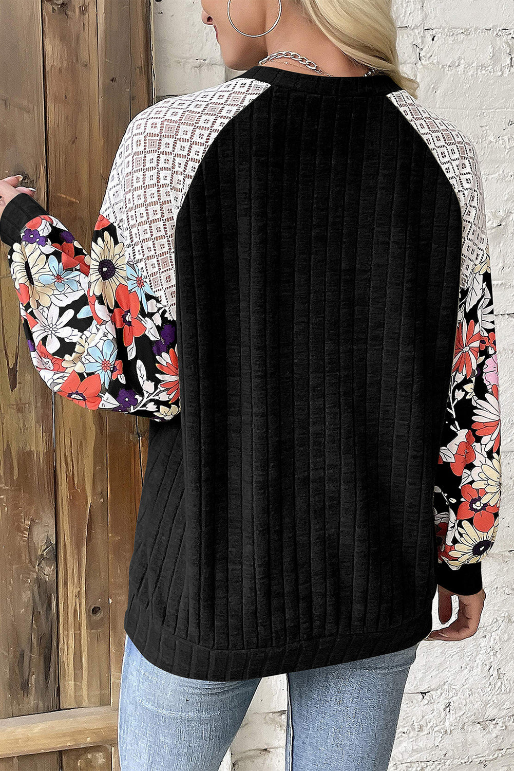 Black Floral Patchwork Long Sleeve Ribbed Blouse Aaria Tees