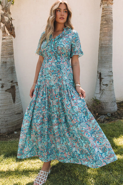 Pink Paisley Print Boho Holiday Ruffle Tiered Maxi Dress Aaria Tees