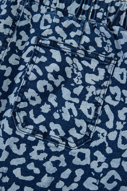 Blue Leopard Printed Drawstring Waist Pocketed Wide Leg Jeans