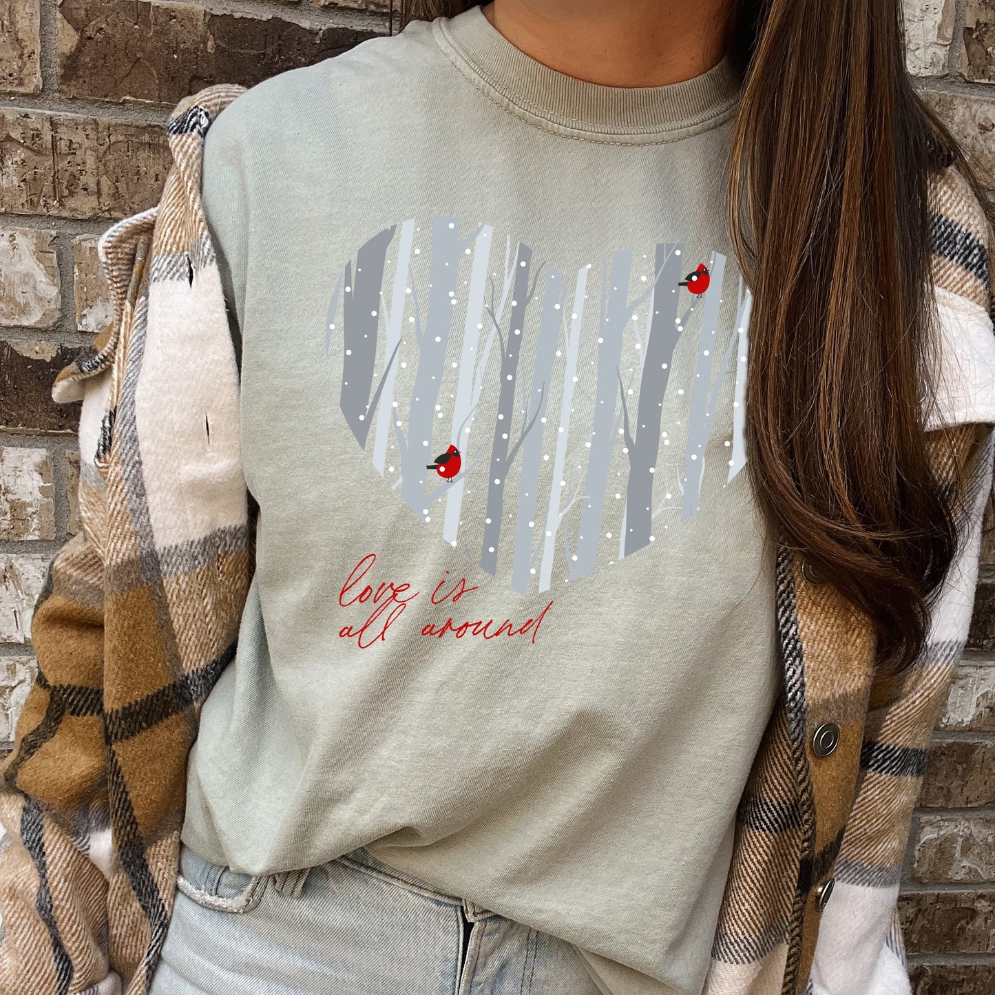 Love Is All Around, Winter Forest, Cardinal, Heart, Comfort Colors Tshirt, Valentine's Day