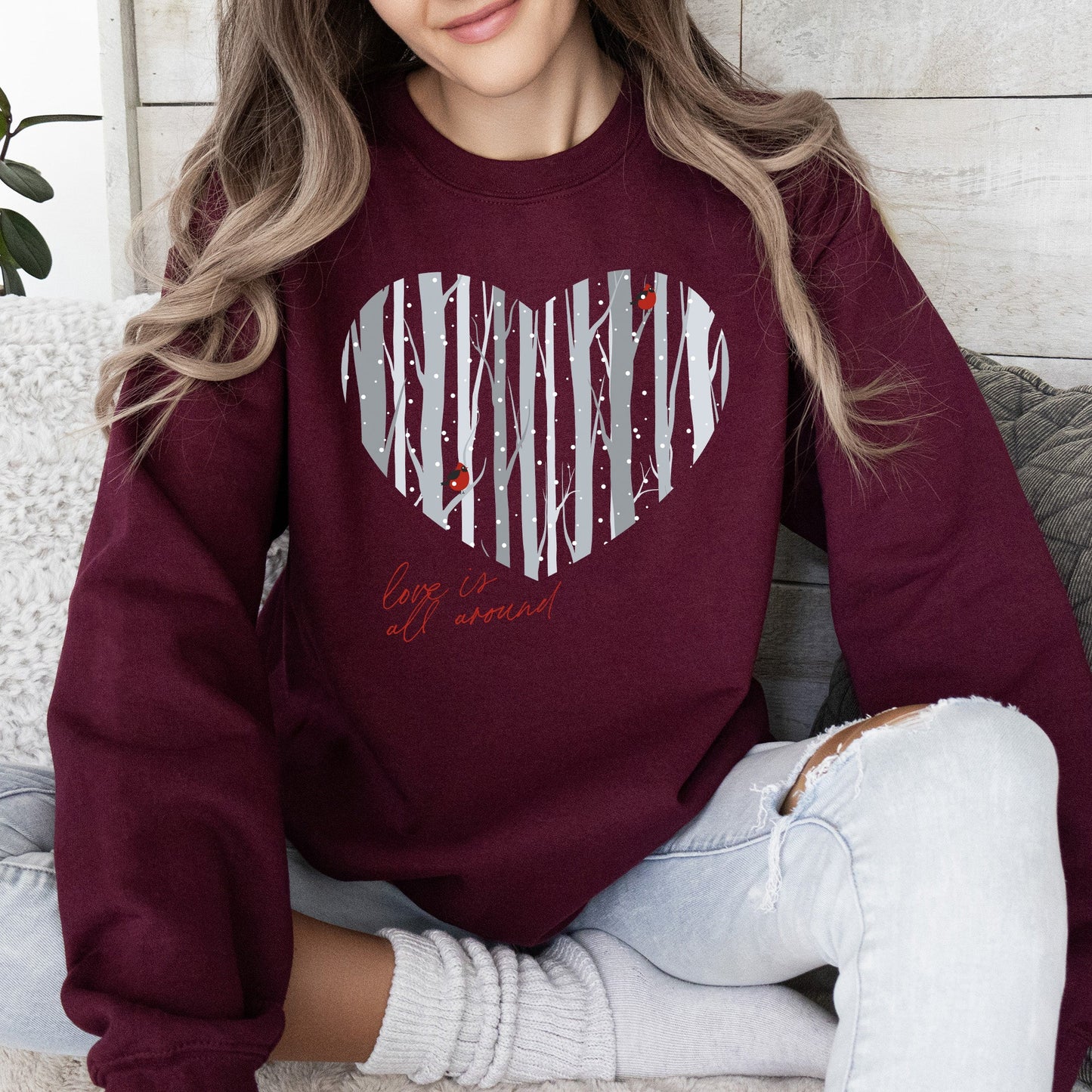 Love Is All Around, Winter Forest, Cardinal, Heart, Sweatshirt, Valentine's Day