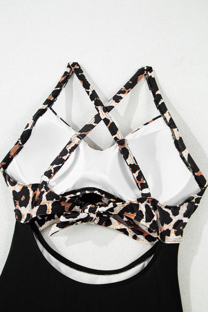 Black Leopard 2-tone Crossed Cutout Backless Monokini - Aaria Tees