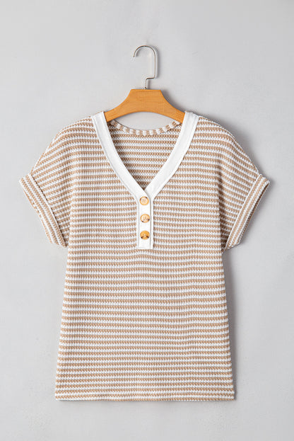 Stripe Button Front V-Neck Knitted T-Shirt