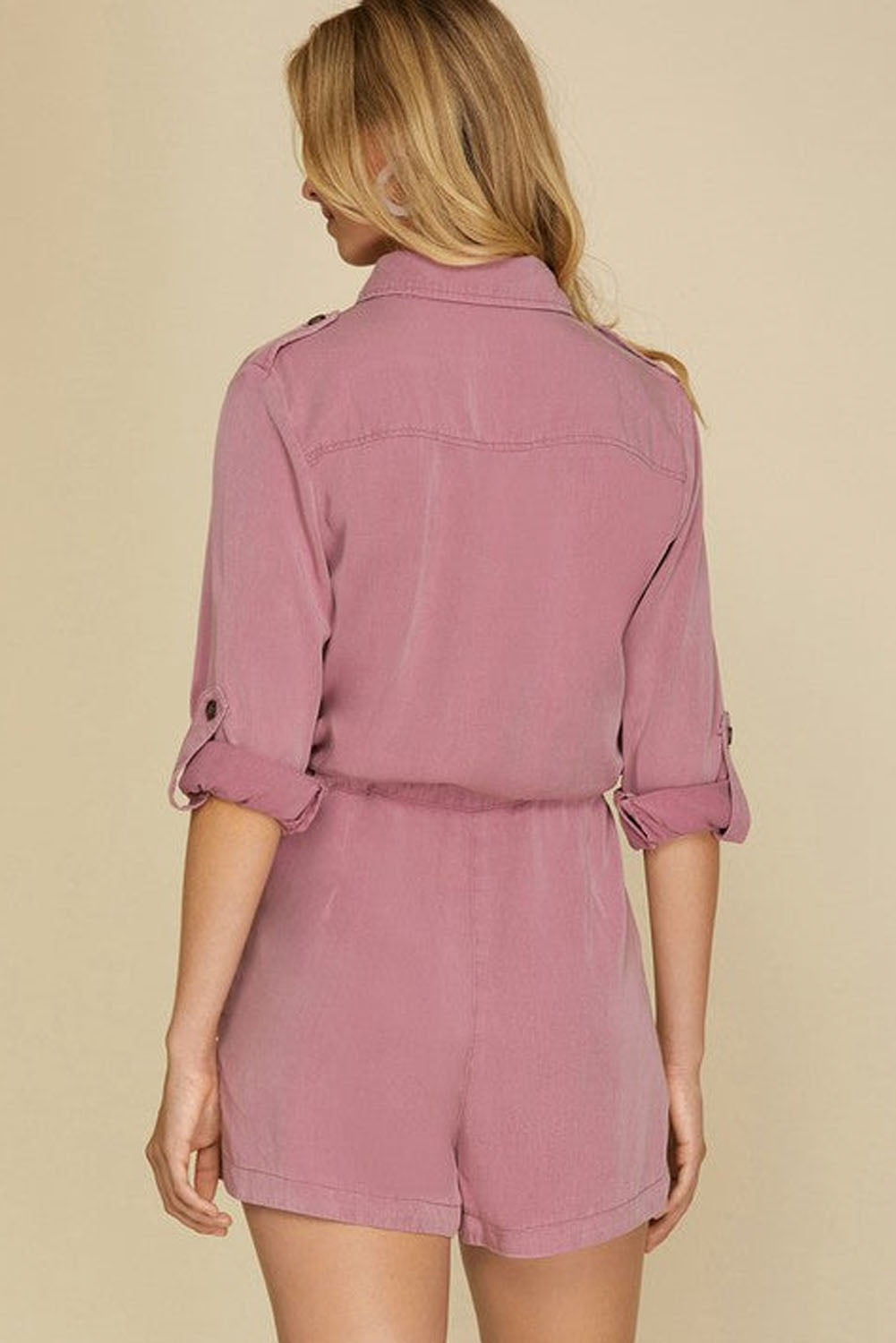 Reese Roll up Sleeve Flap Pockets Drawstring Romper Threaded Pear