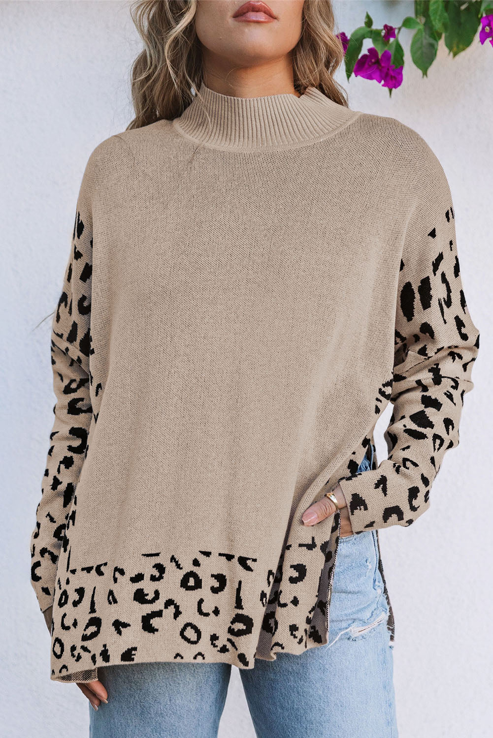 Sarai Leopard High Neck Side Slit Oversized Sweater - Aaria Tees