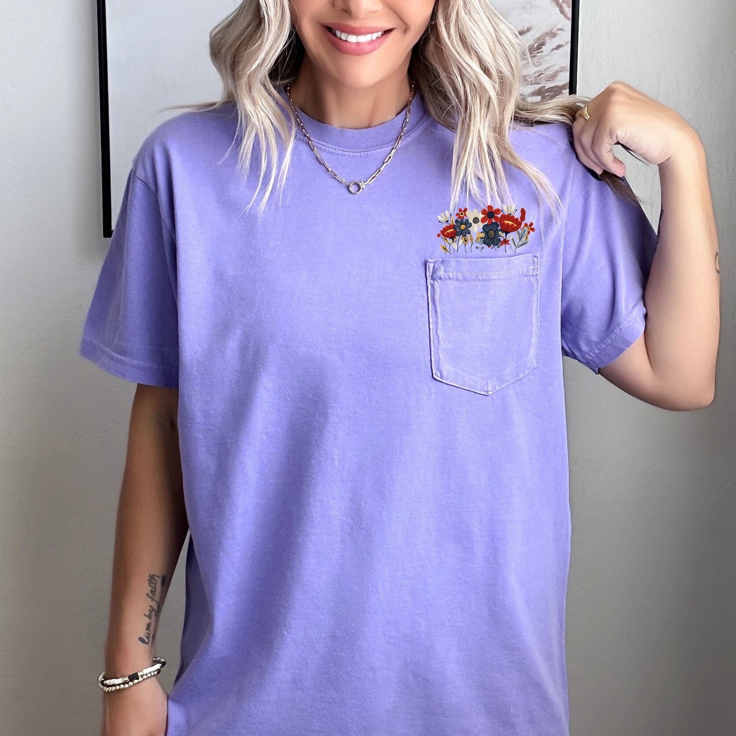 Wildflowers America Flag Color Botanical Comfort Colors Pocket T Shirt