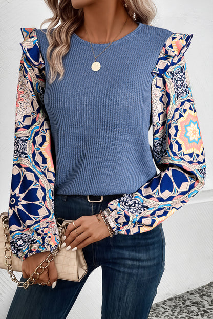 Coffee Ruffled Floral Sleeve Patchwork Waffle Knit O Neck Blouse Aaria Tees